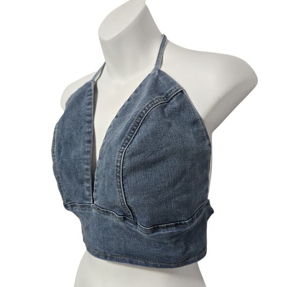 Shein Curve Denim Halter Crop Top Size 3XL Open Back - Picture 2 of 4